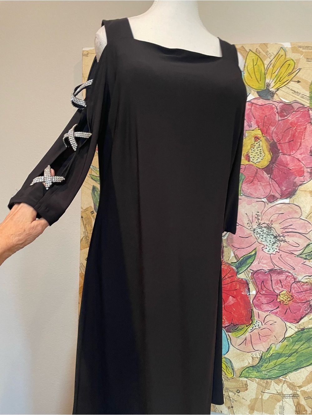 MSK Black Cold-Shoulder Evening Dress w/CrissCross Rhinestone sleeve design